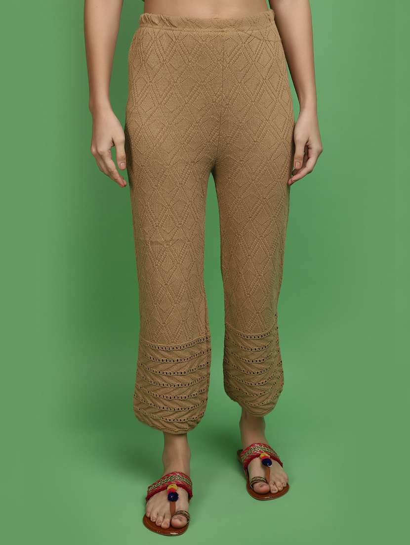 women brown self design detailed trouser
