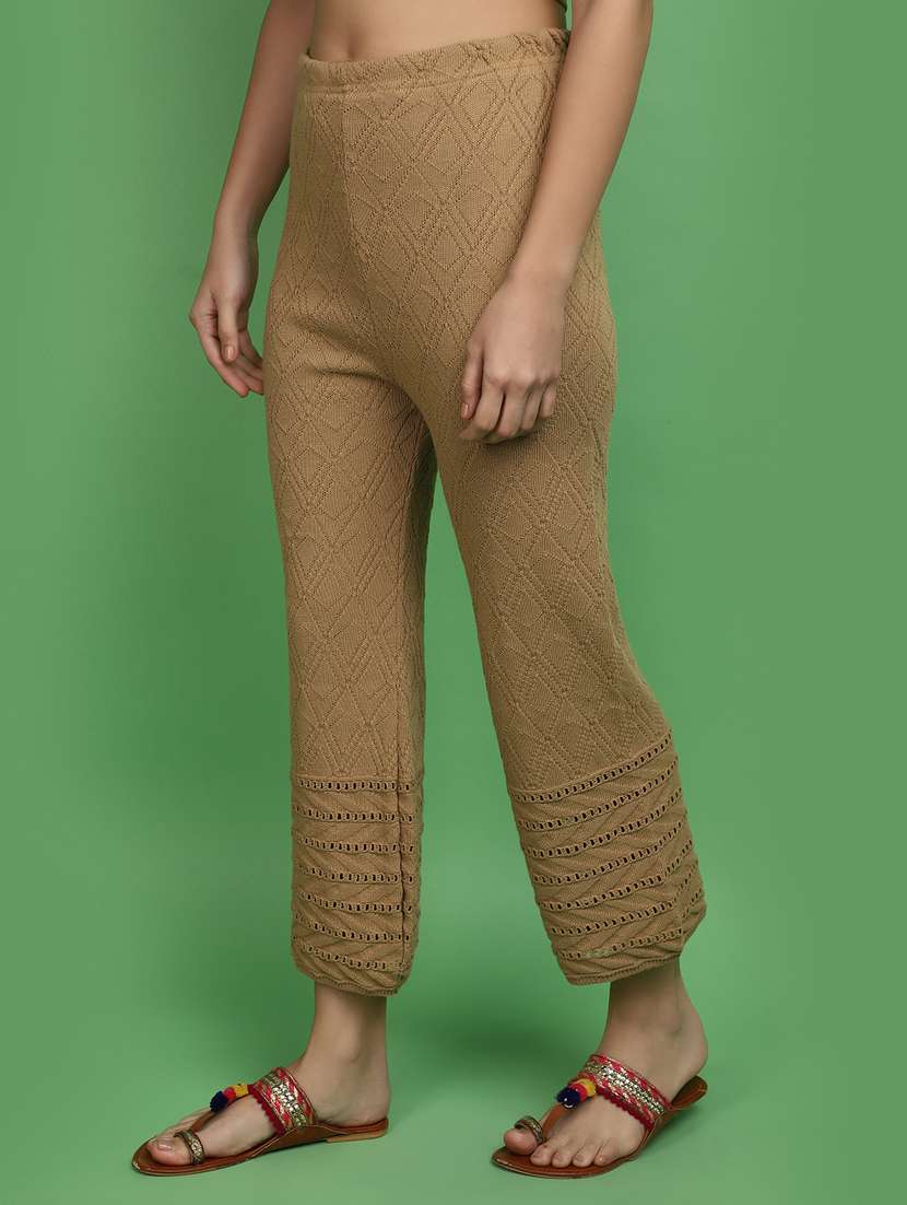 women brown self design detailed trouser - 20686135 -  Standard Image - 2