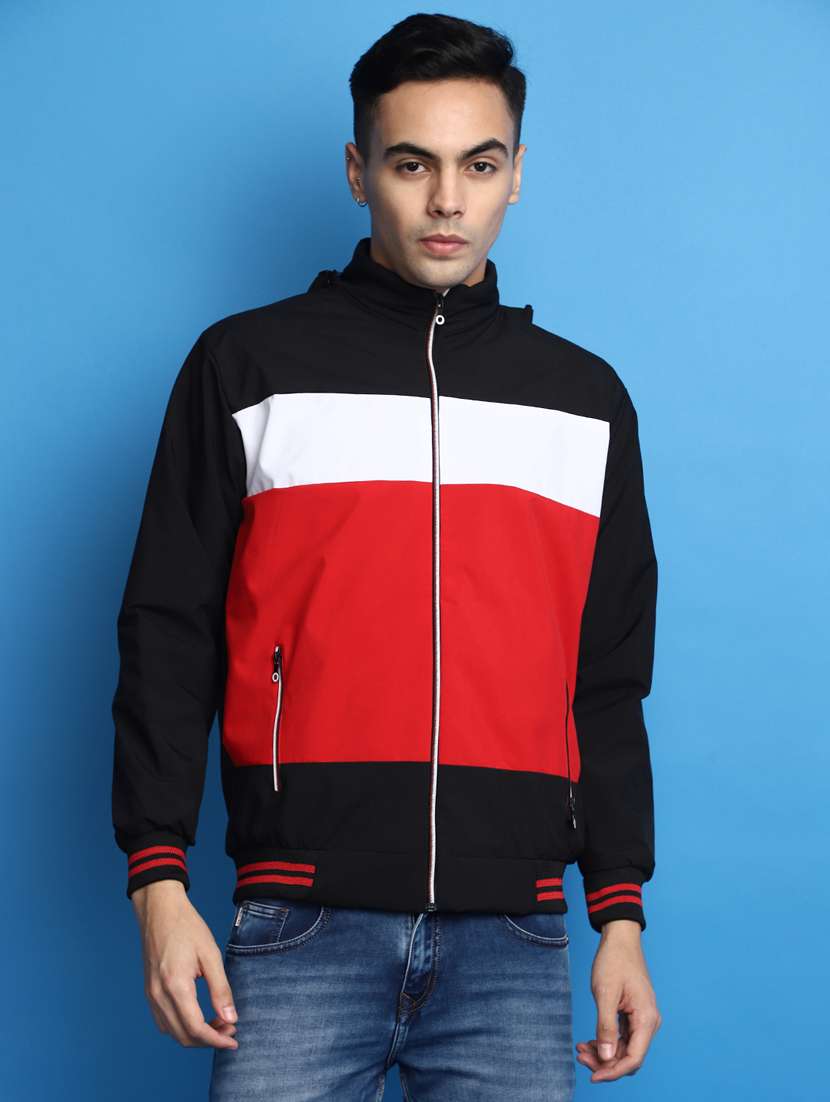 black colourblocked detachable hooded casual jacket