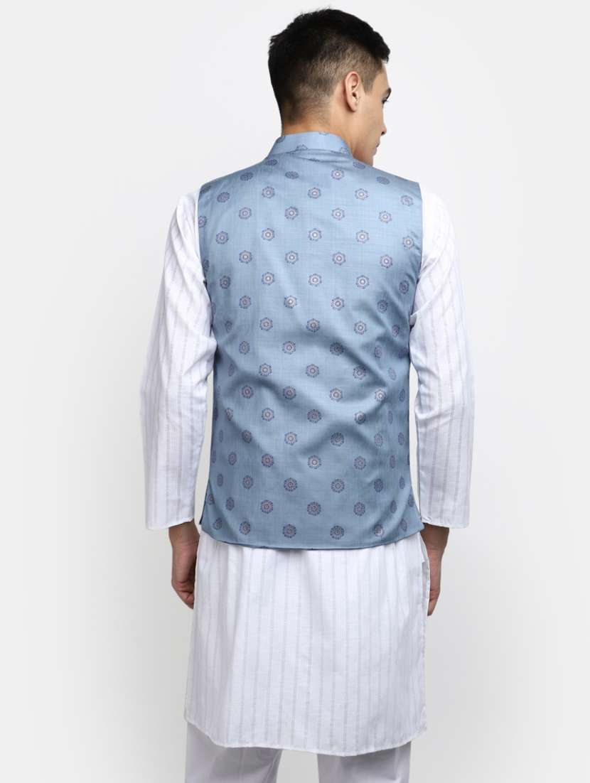 men blue printed mandarin neck nehru jacket - 20686293 -  Standard Image - 2