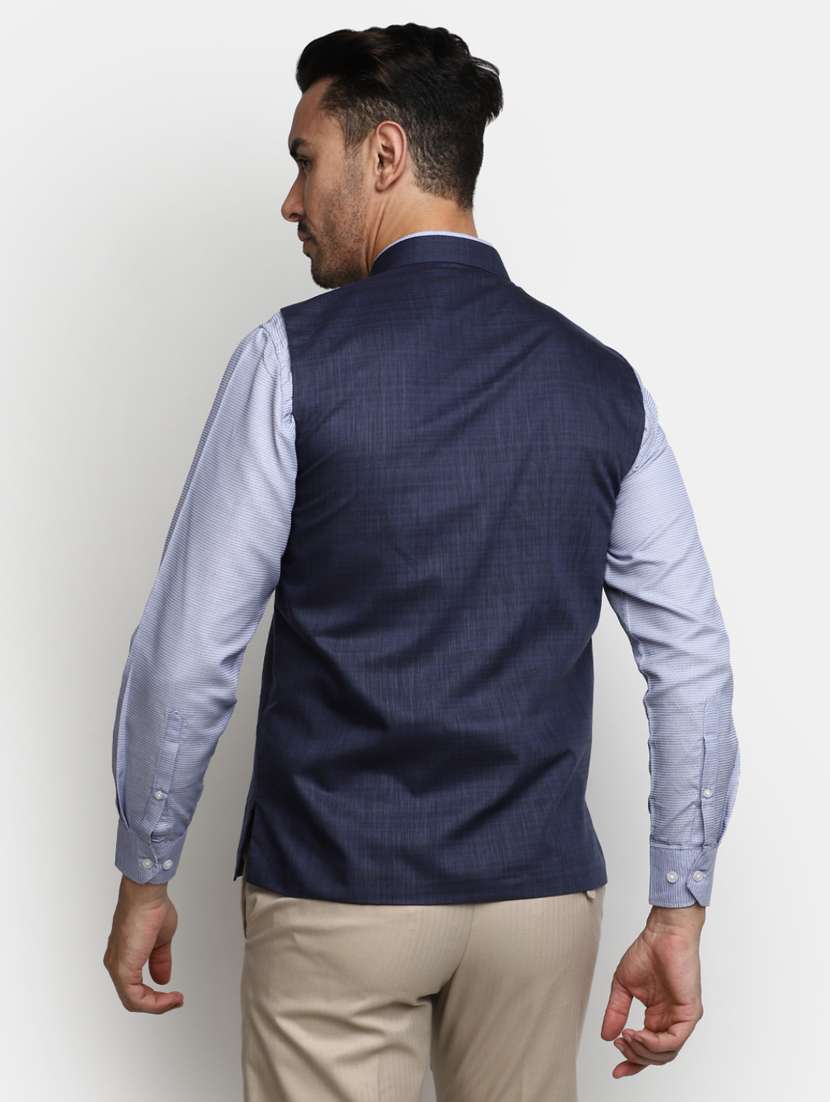 men navy blue solid mandarin neck nehru jacket - 20686294 -  Standard Image - 2