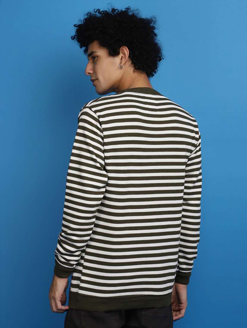 olive green striped round neck sweater - 20686795 - Standard Image - 2