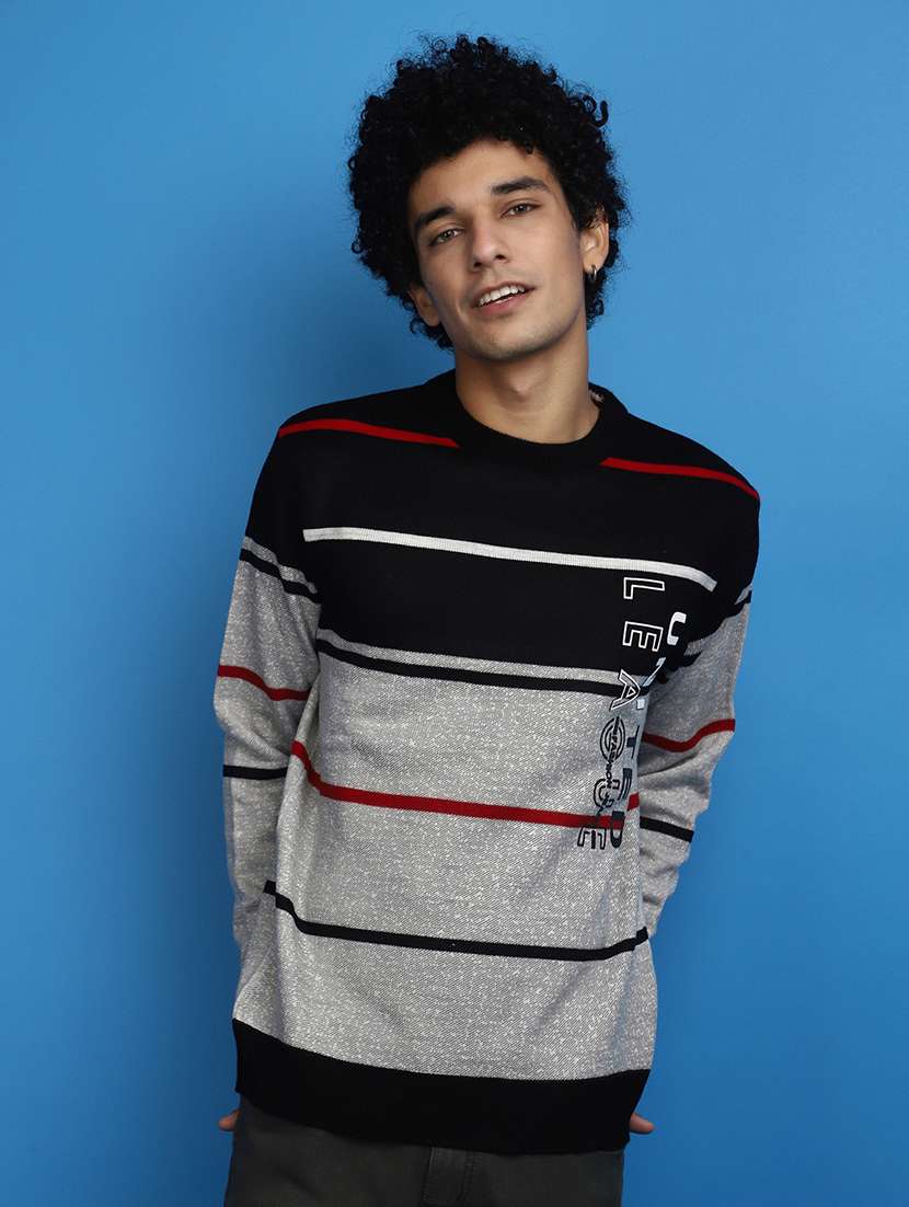 grey color block detailed round neck pullover