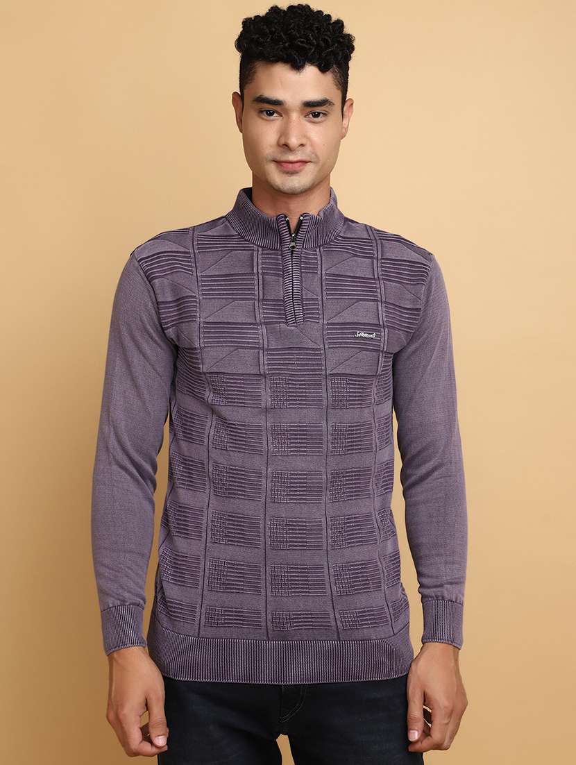 purple self design zip detailed pullover