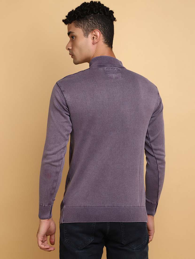 purple self design zip detailed pullover - 20686862 -  Standard Image - 2
