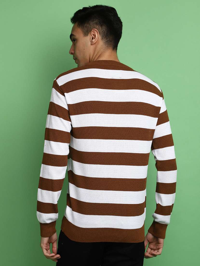 brown & white striped round neck pullover - 20686871 -  Standard Image - 2