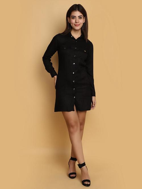 women black shirt collar straight dress - 20687422 - Standard Image - 0