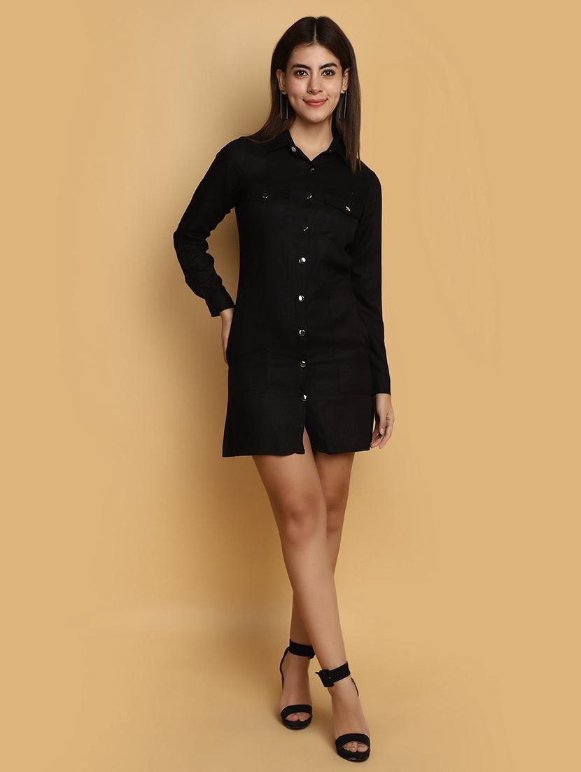 women black shirt collar straight dress - 20687422 - Zoom Image - 0