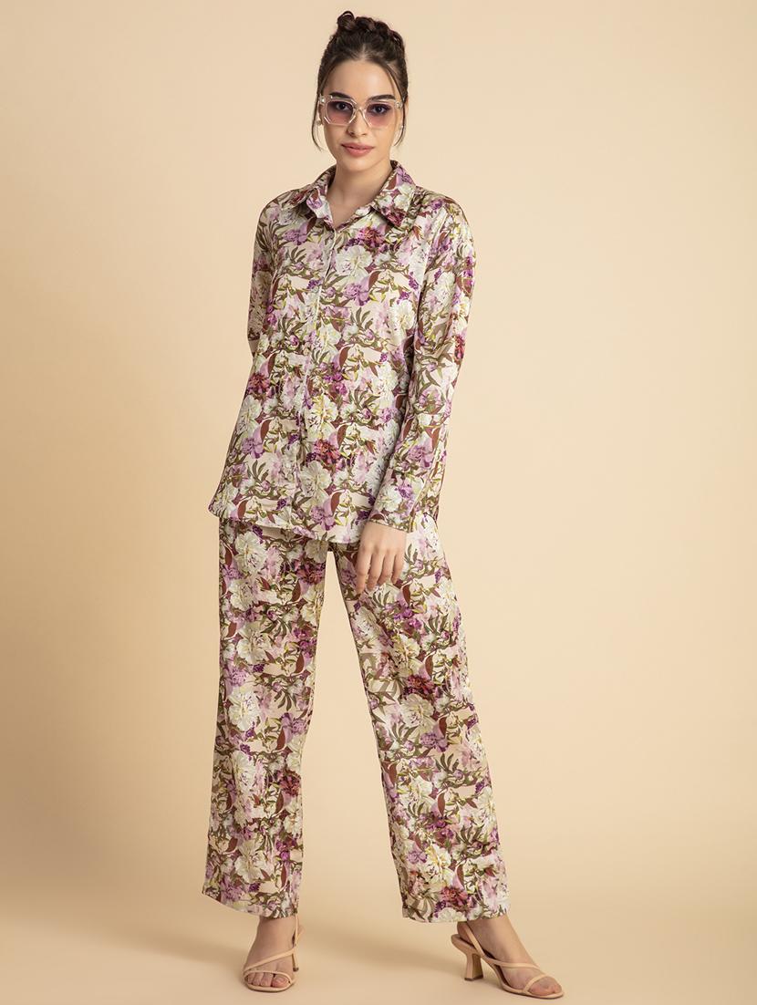 women multi color satin top and trouser co-ord set