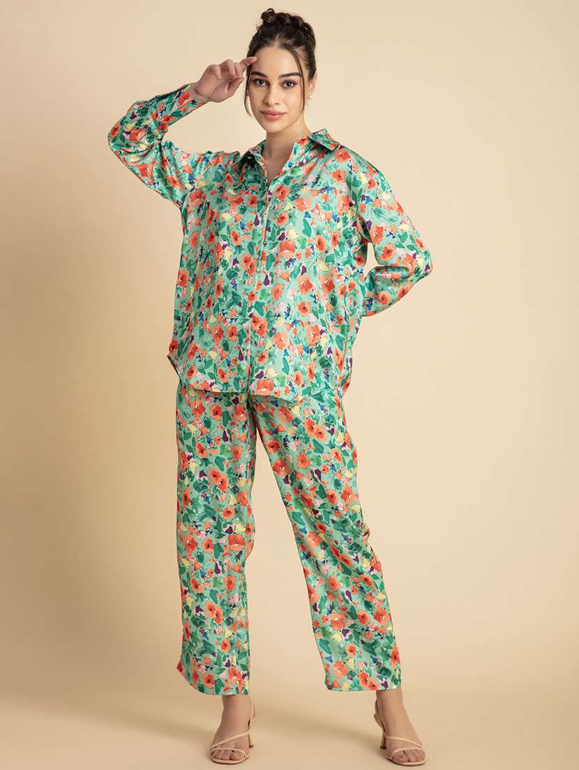 women green floral printed shirt & trouser co-ord set