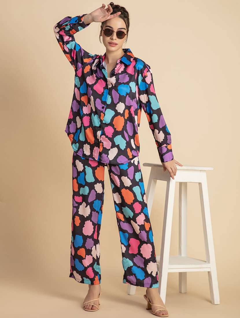 women multi color satin top and trouser co-ord set