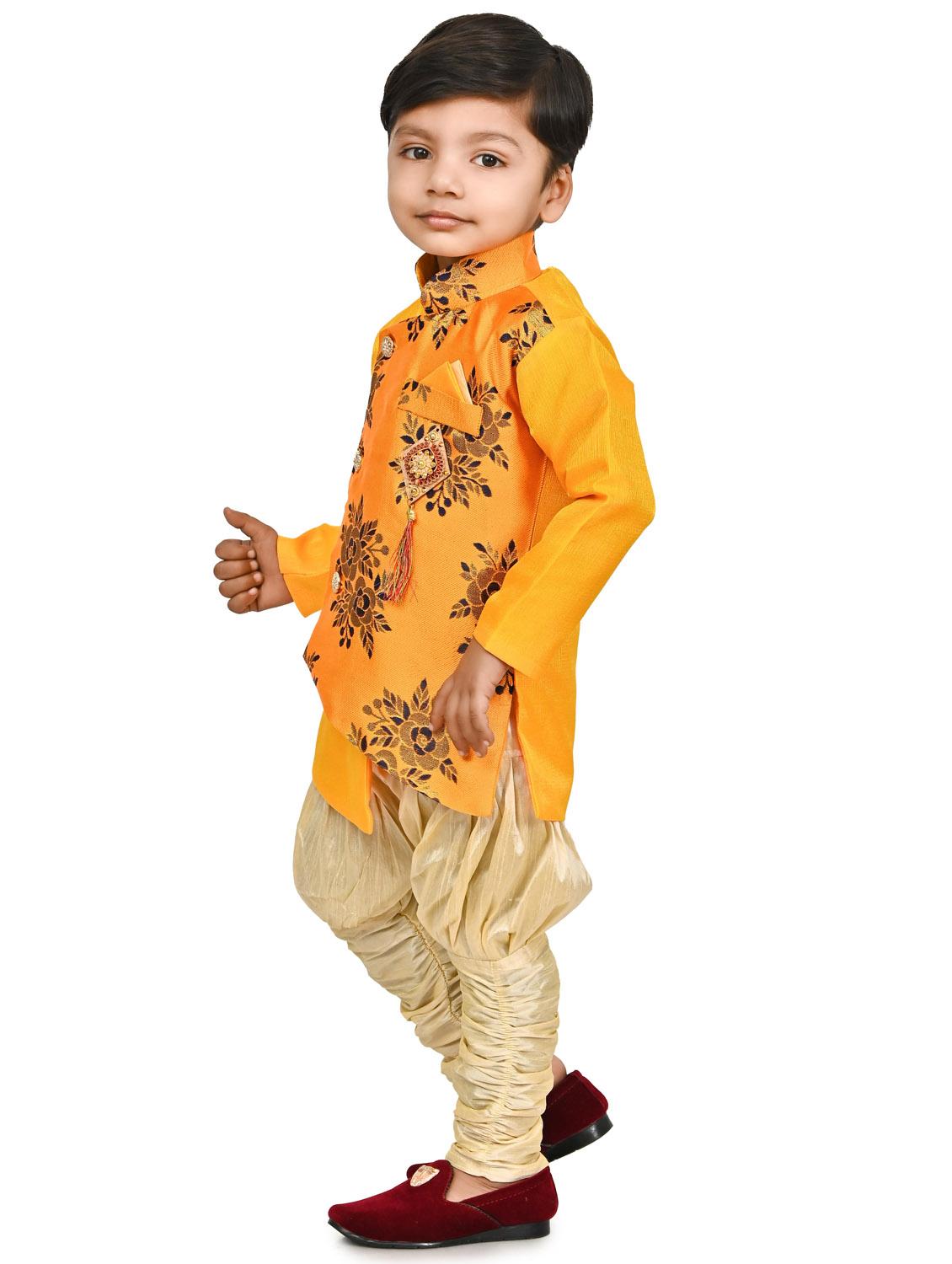 kids gold yellow self design sherwani set - 20688823 - Standard Image - 2