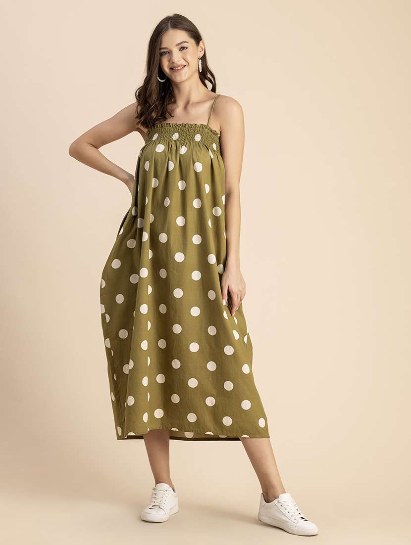 women polka doted shoulder strap dress
