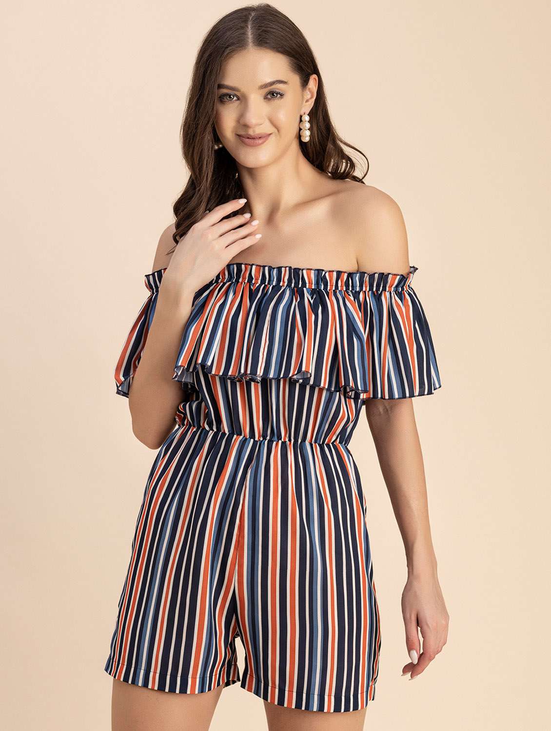 women striped off shoulder romper 