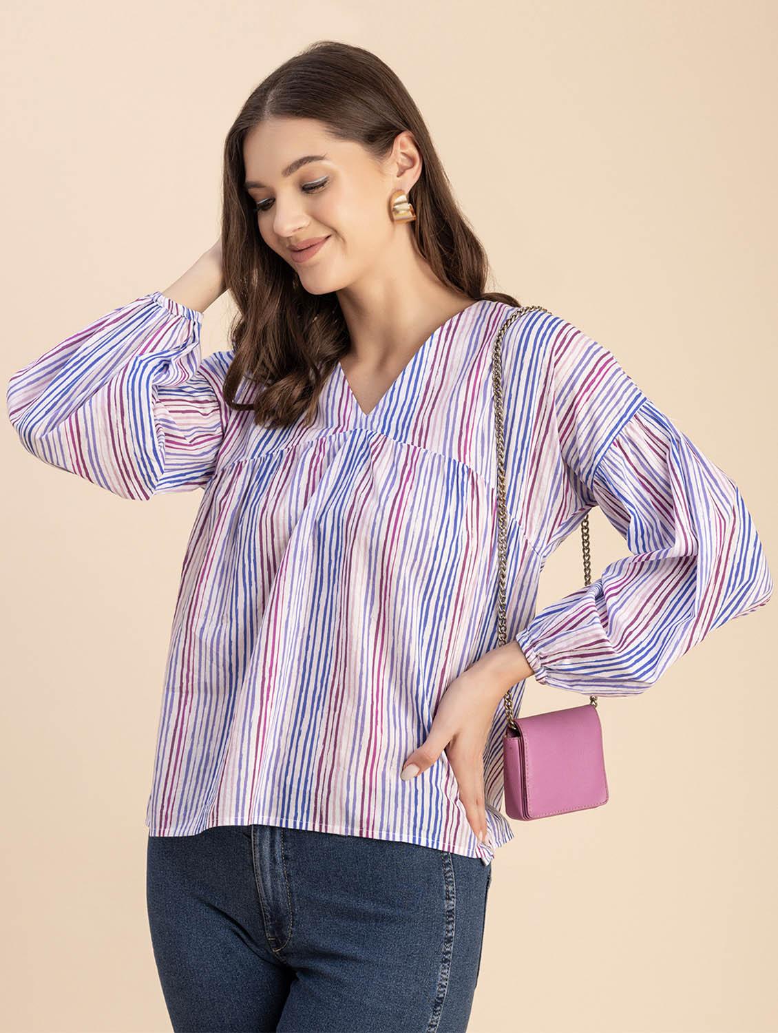 women striped long sleeves straight top - 20694639 - Standard Image - 2