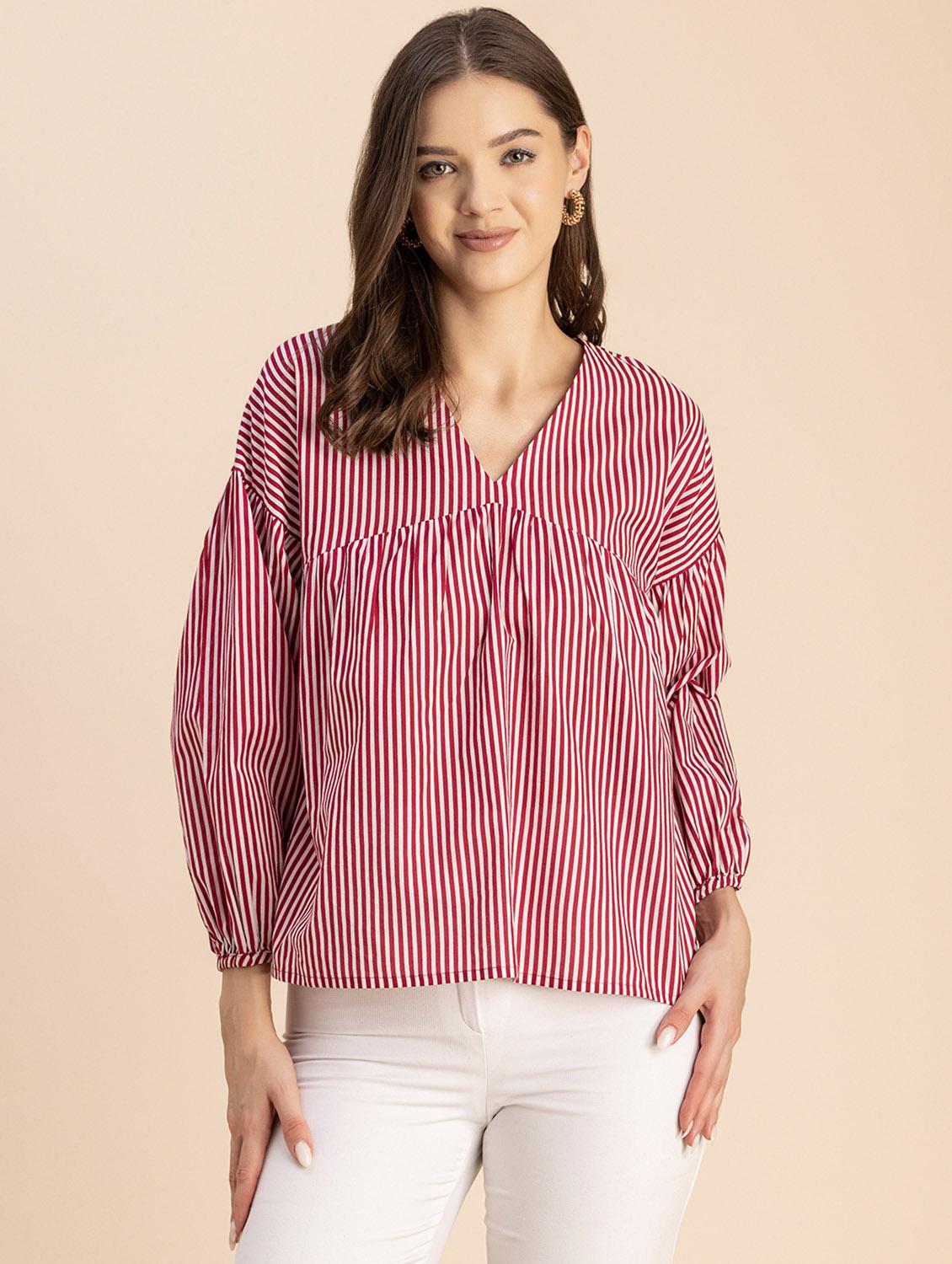 women striped long sleeves straight top - 20694643 -  Zoom Image - 0