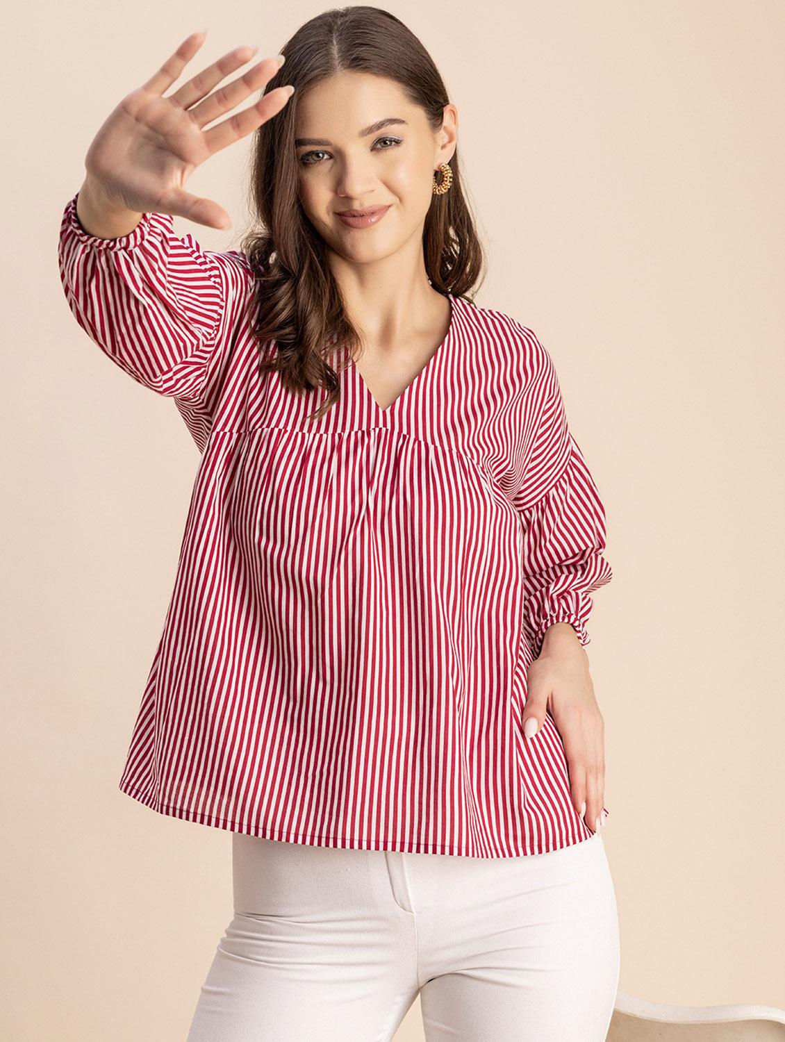 women striped long sleeves straight top - 20694643 - Standard Image - 2