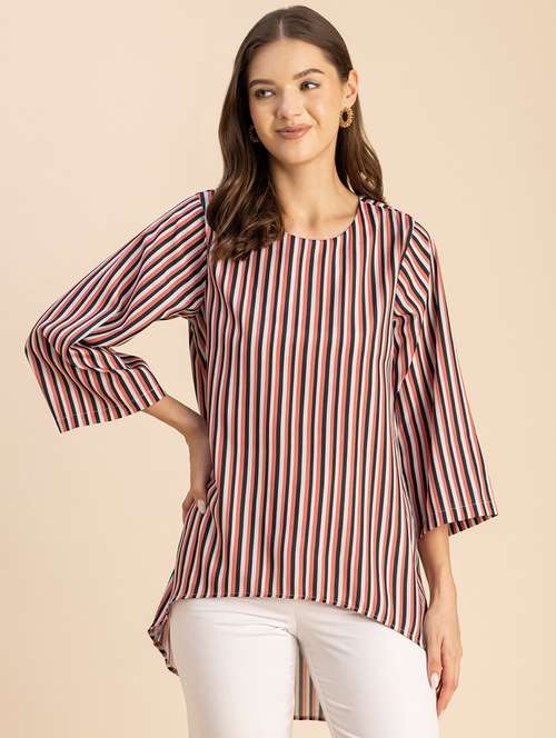 women striped round neck high low top - 20694646 - Standard Image - 0