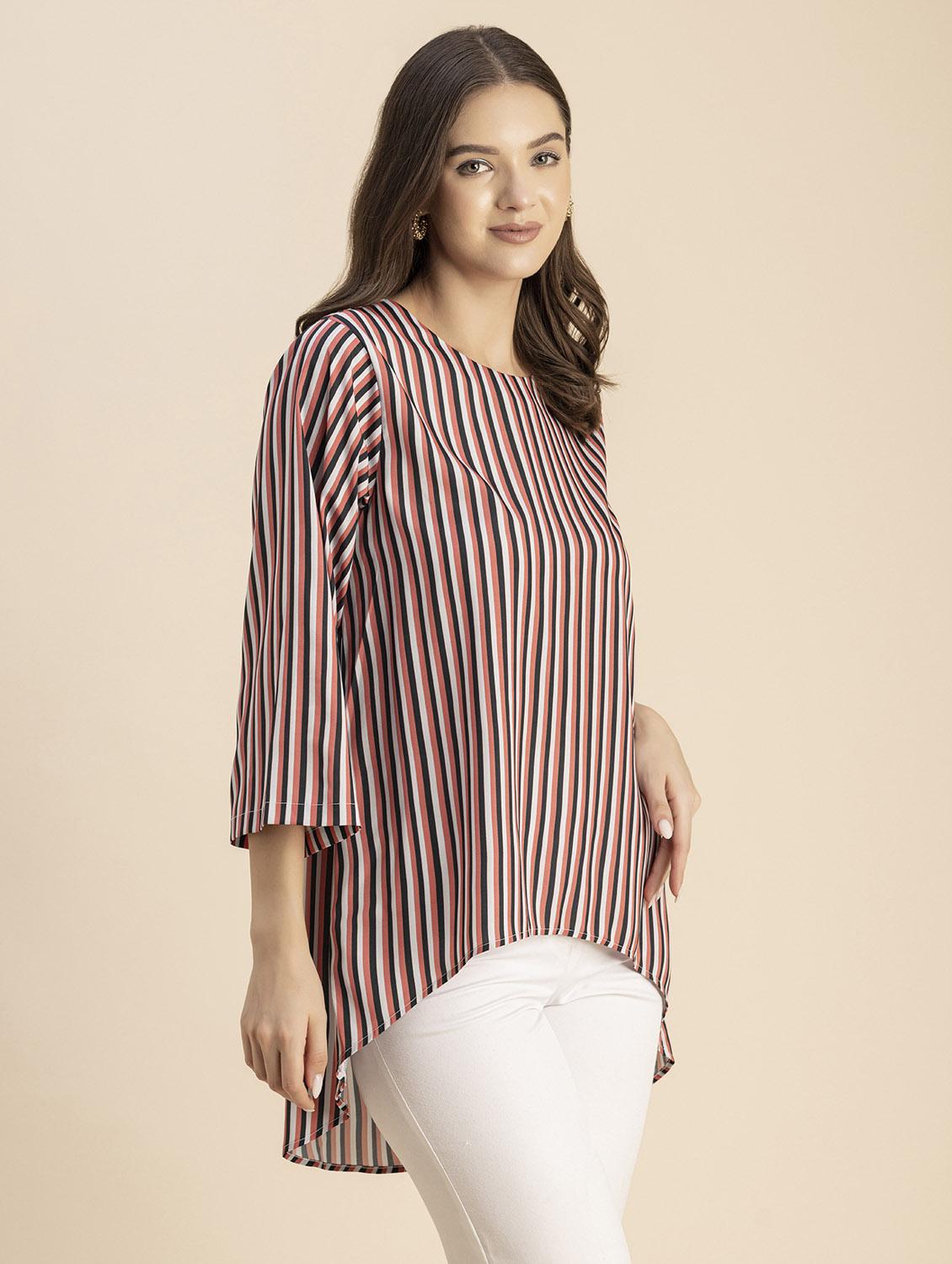 women striped round neck high low top - 20694646 - Standard Image - 2
