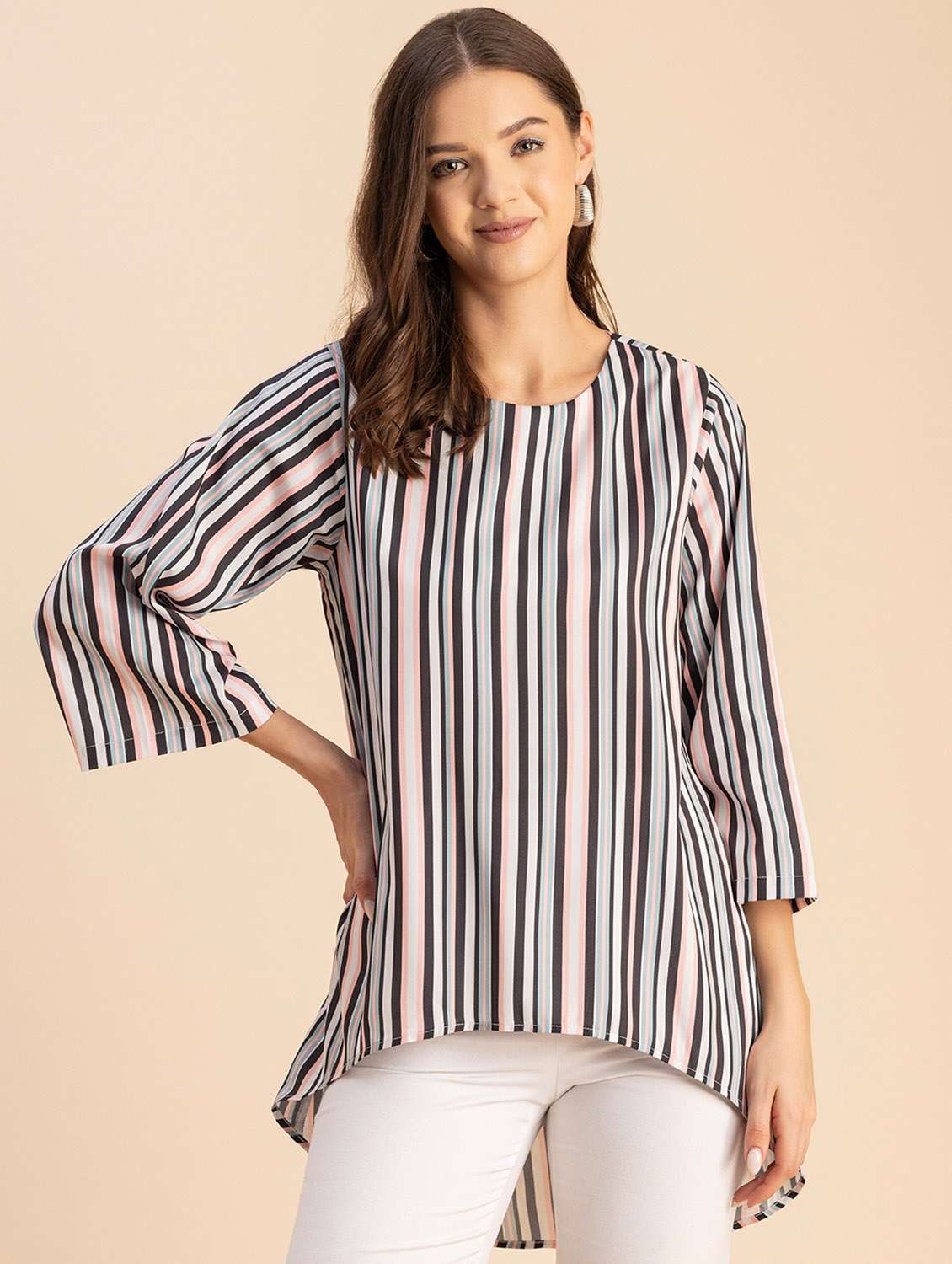 women striped round neck high low top