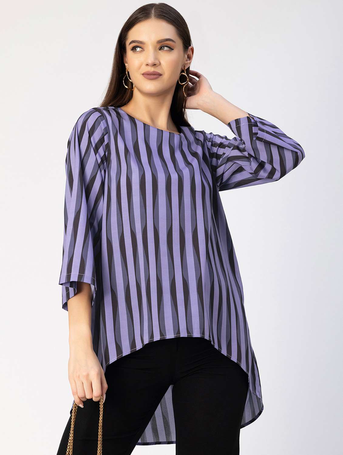 women striped round neck high low top - 20694649 -  Standard Image - 2