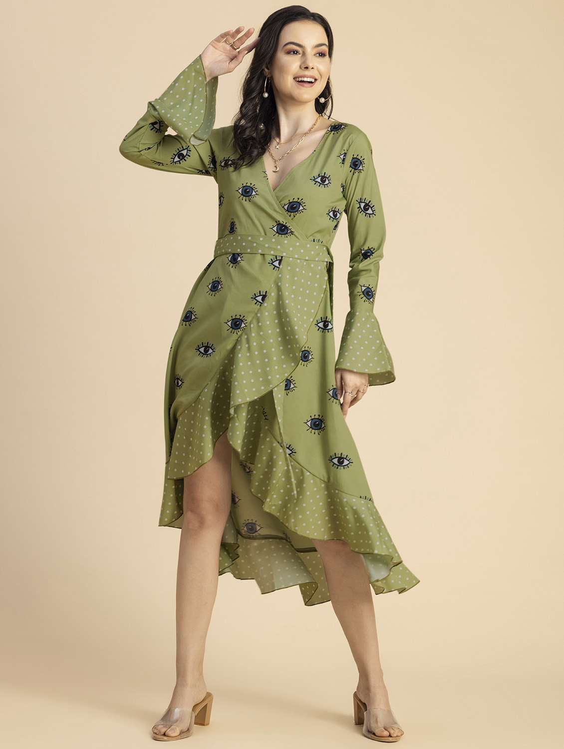 women quirky print bell sleeves wrap dress - 20694766 -  Standard Image - 2