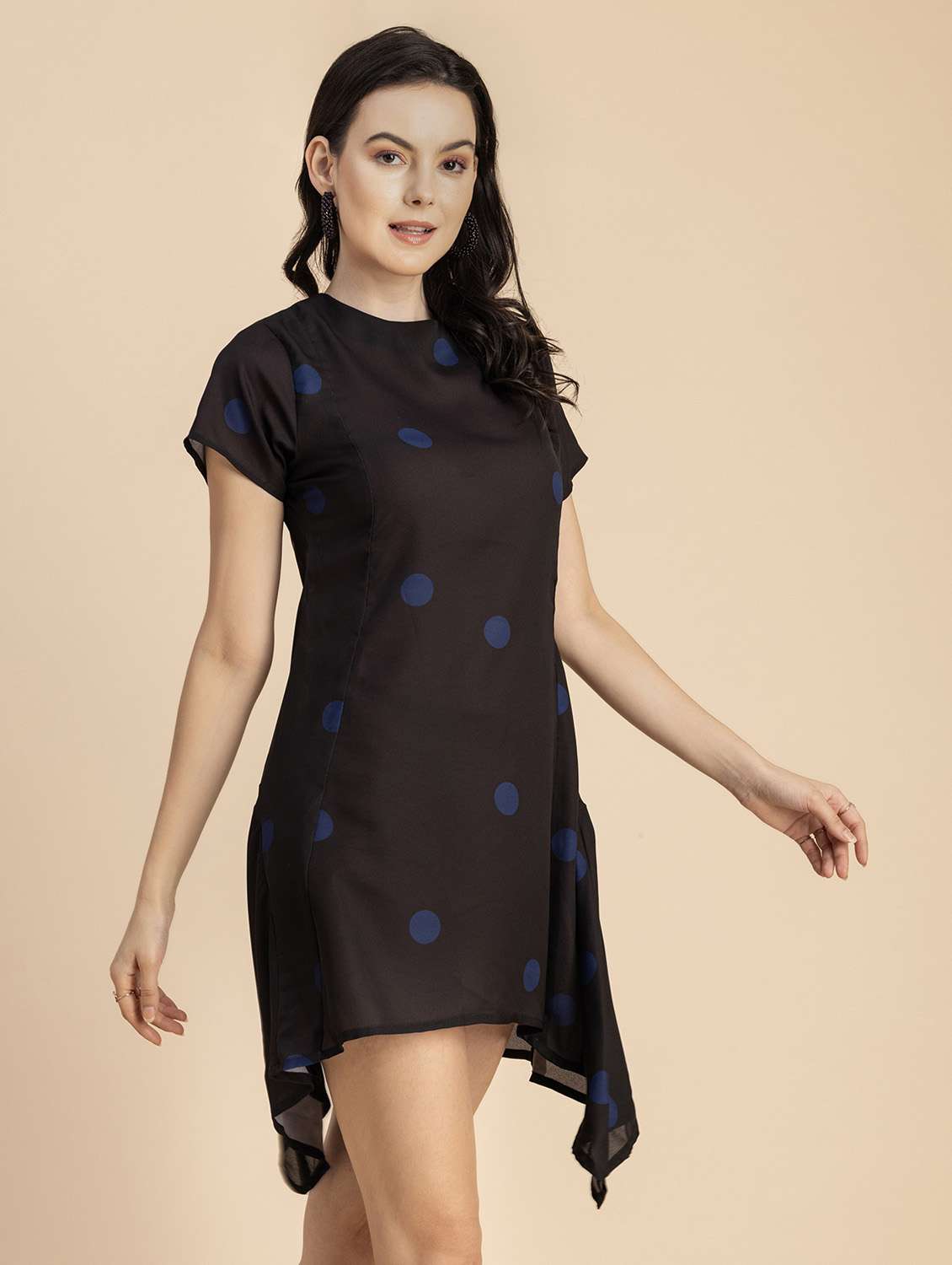 women polka doted round neck asymmetric dress - 20694768 -  Standard Image - 2