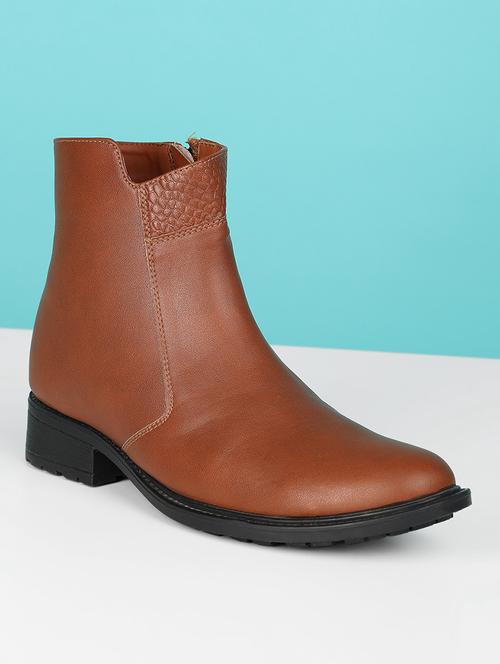 mid ankle tan slip-on boots with zipper for women - 20700035 - Standard Image - 0