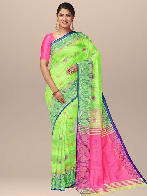 women green self design handloom saree with blouse - 20720088 - Standard Image - 0