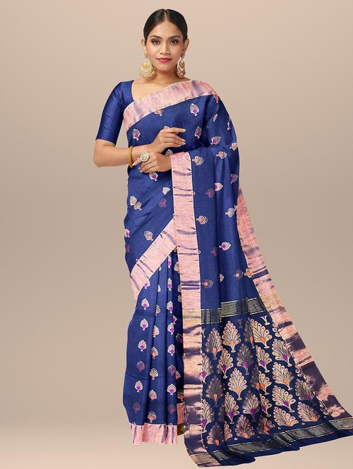 women blue self design handloom saree with blouse - 20720089 -  Standard Image - 0