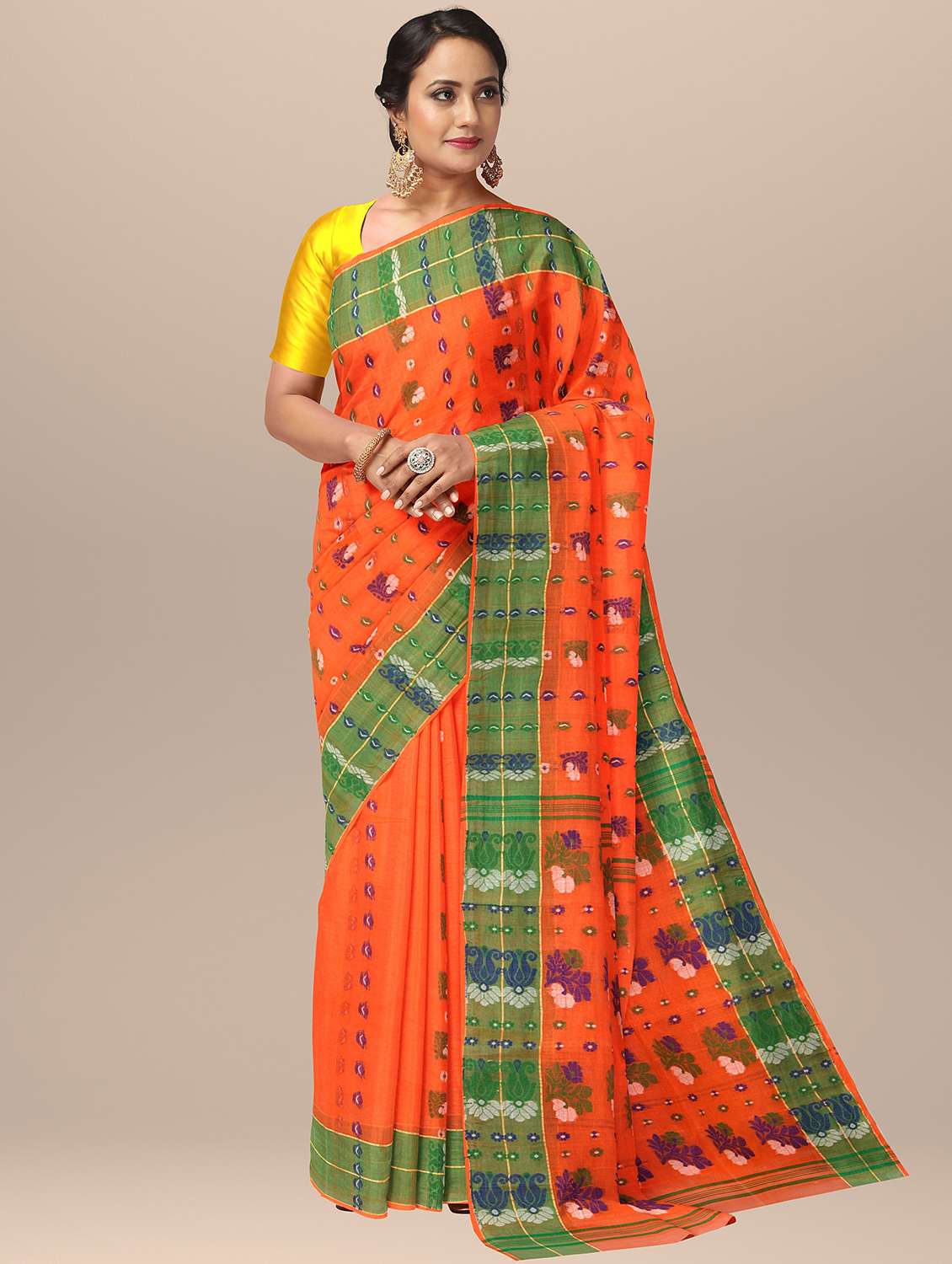 women orange self design jamdani saree