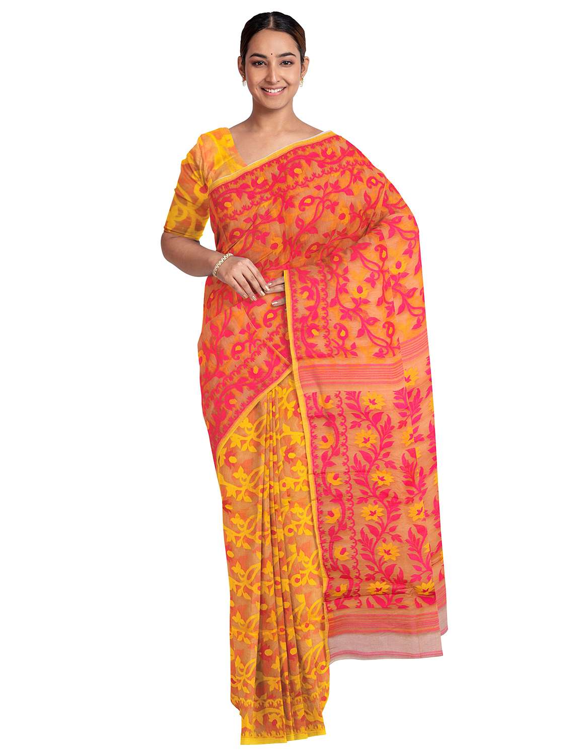 women yellow self design jamdani saree