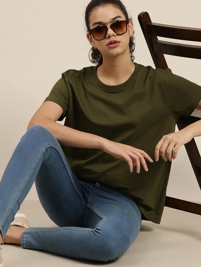 women olive round neck t-shirt - 20721787 - Standard Image - 2