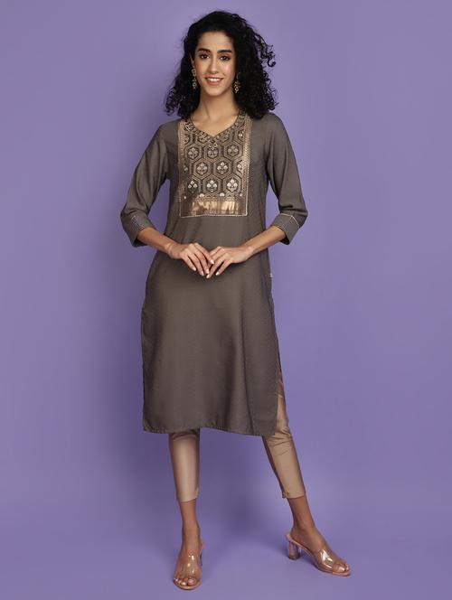 brown self design detailed kurta - 20724391 - Standard Image - 0