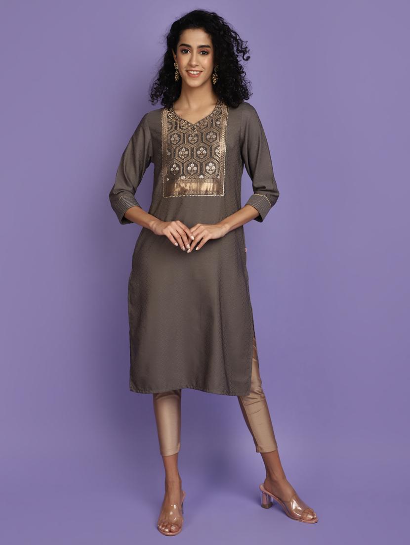brown self design detailed kurta - 20724391 - Zoom Image - 0