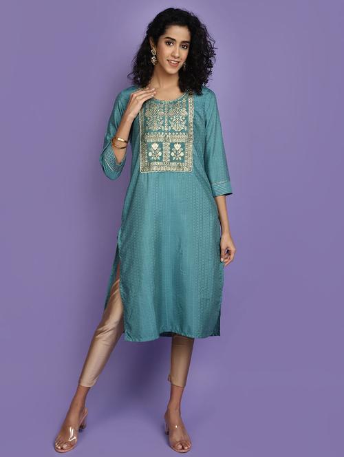 women teal round neck straight kurta - 20724414 - Standard Image - 0