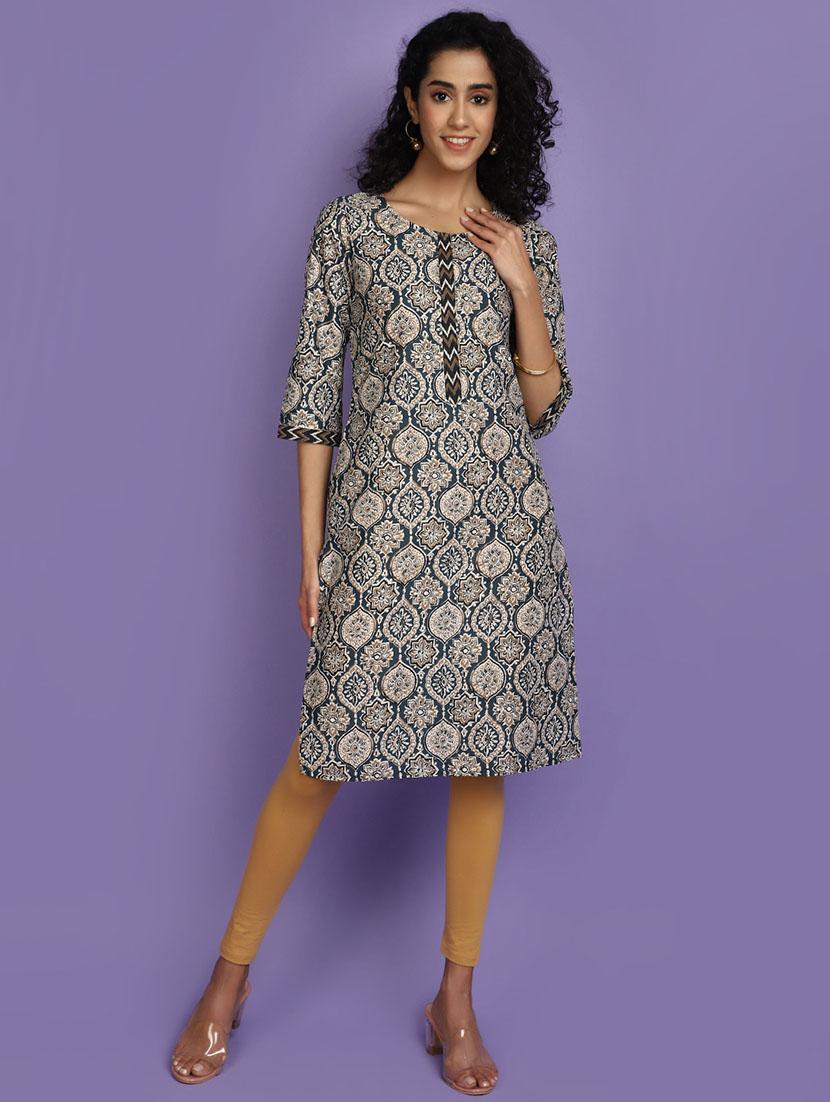 women teal round neck straight kurta