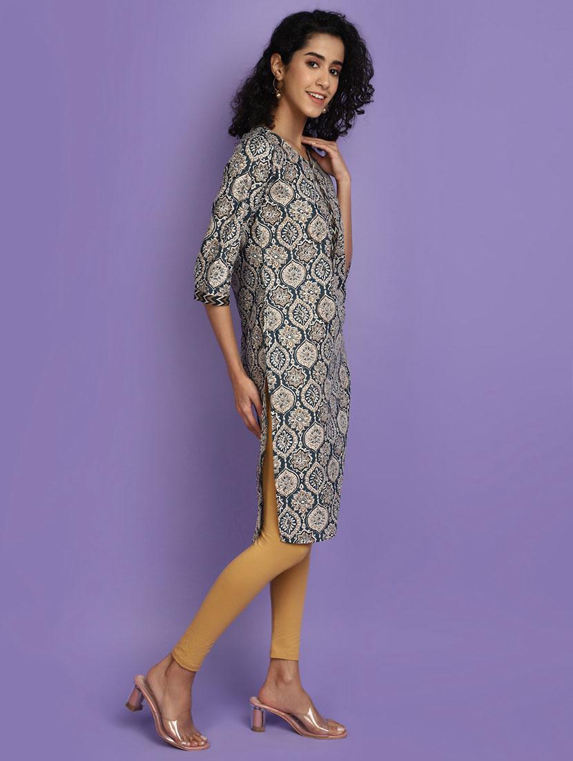 women teal round neck straight kurta - 20724633 - Standard Image - 2
