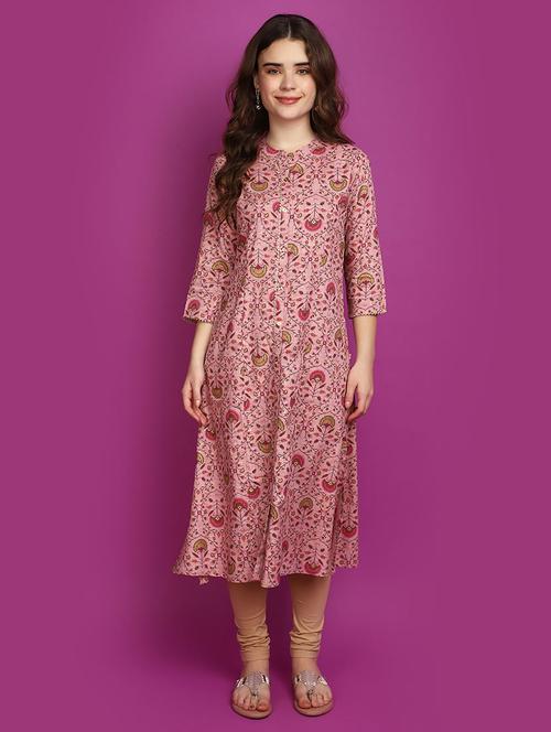 women pink mandarin neck straight kurta - 20725175 -  Standard Image - 0