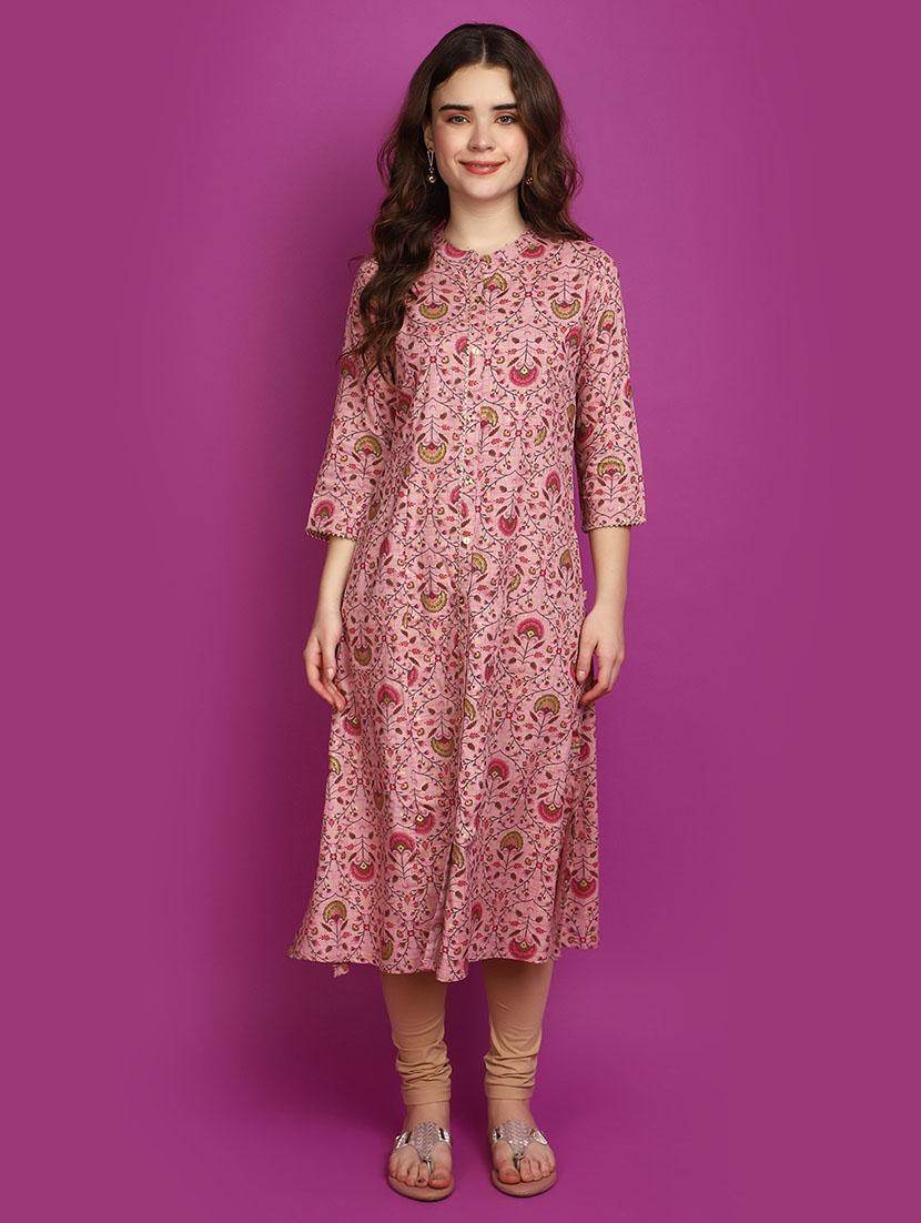 women pink mandarin neck straight kurta - 20725175 -  Zoom Image - 0