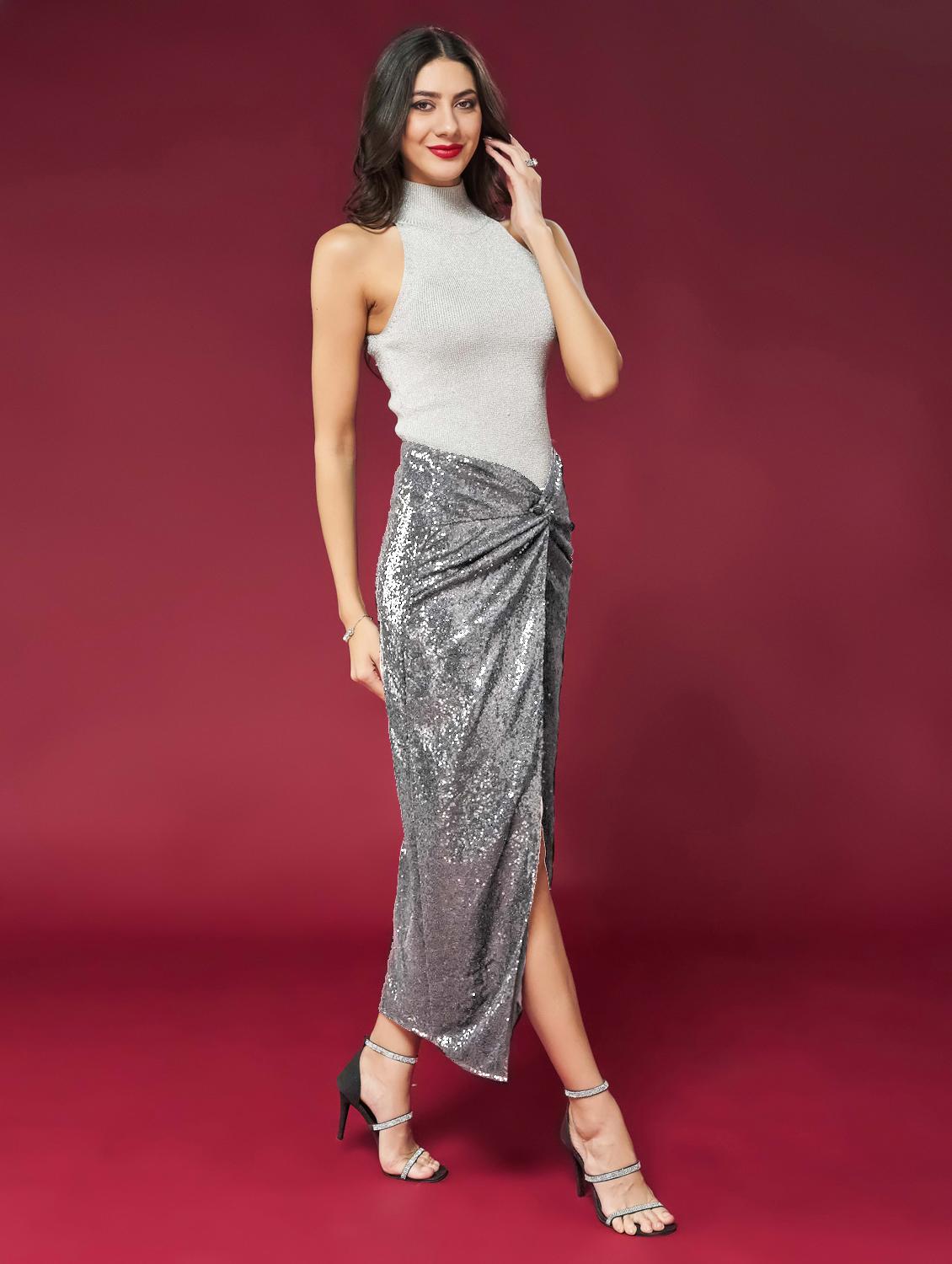 women sequined asymmetric twisted waist skirt - 20726402 -  Zoom Image - 0