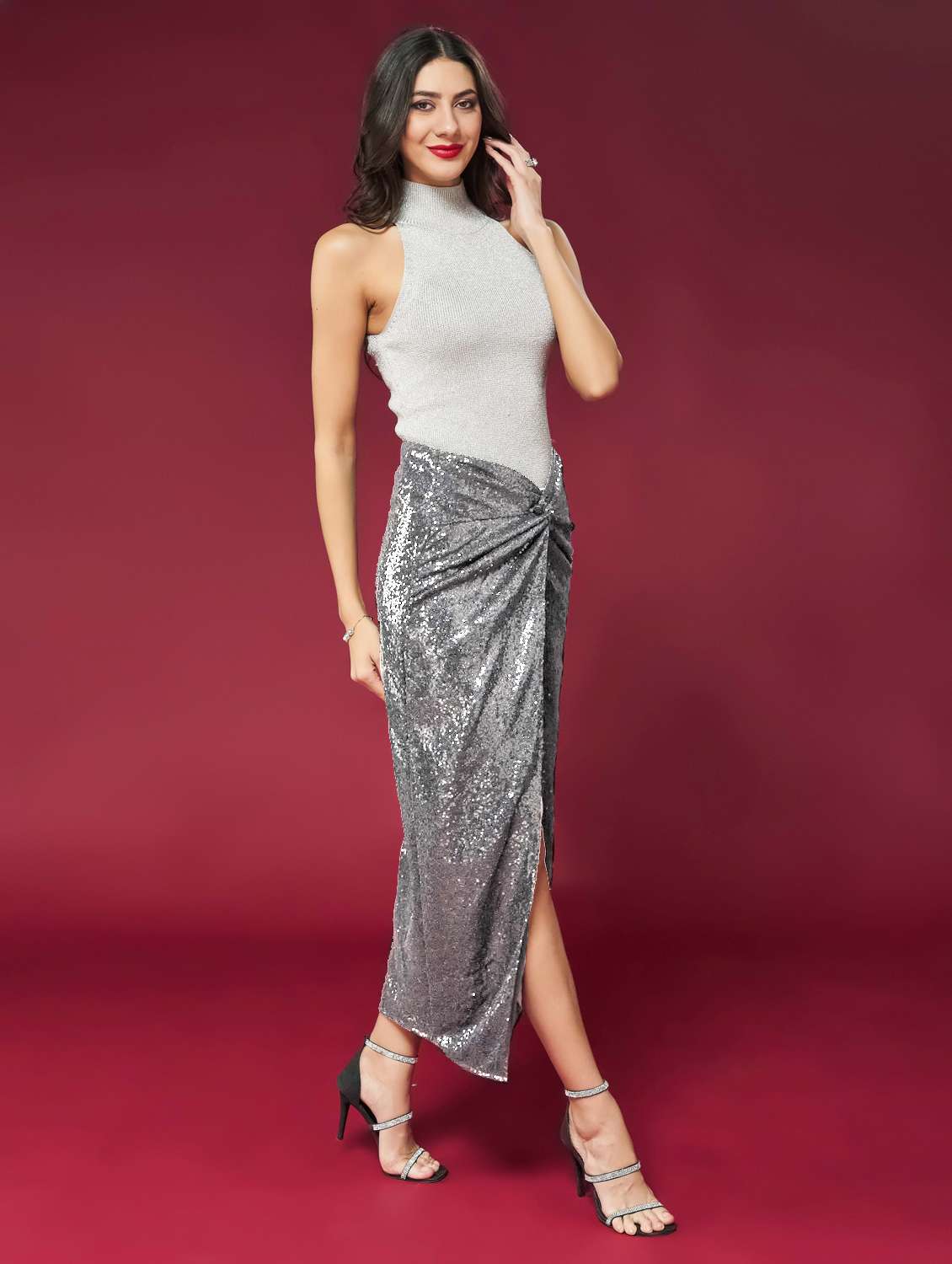 Women Sequined Asymmetric Twisted Waist Skirt