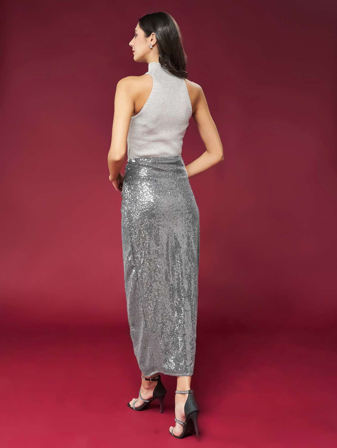 Women Sequined Asymmetric Twisted Waist Skirt