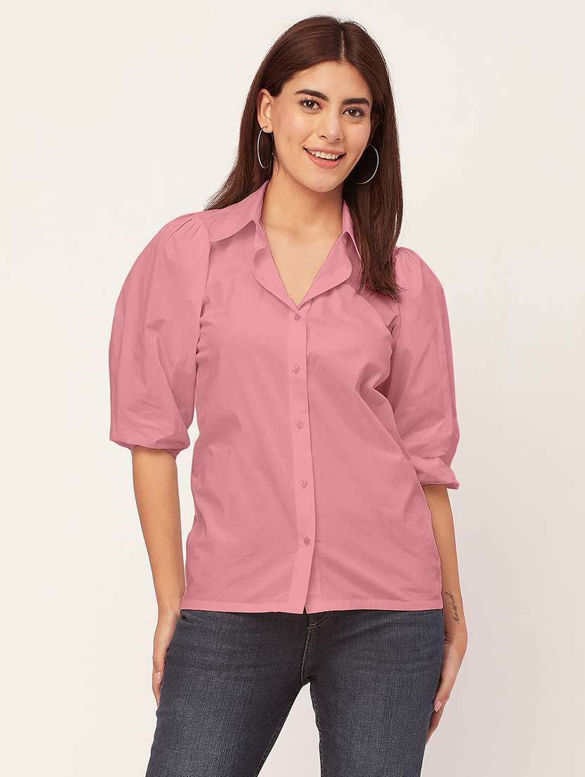 women solid collared puff sleeves shirt