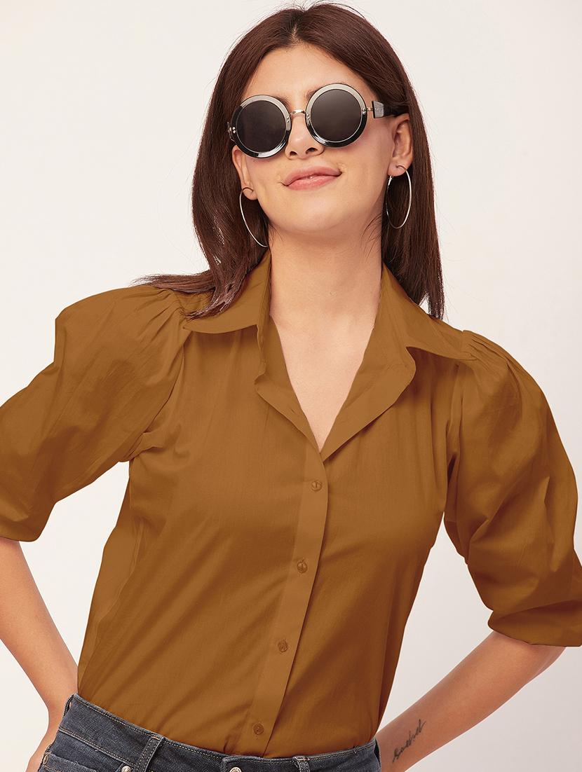 women solid collared puff sleeves shirt - 20726559 - Standard Image - 2