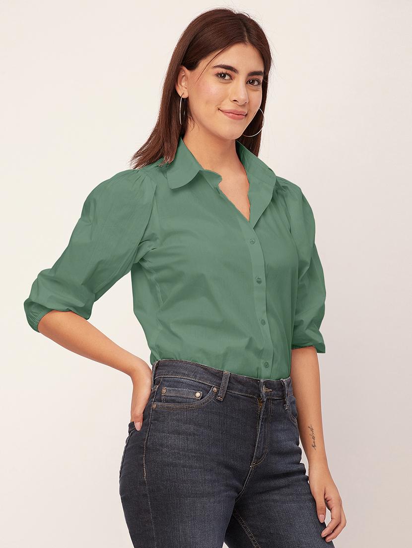 women solid collared puff sleeves shirt - 20726560 - Standard Image - 2