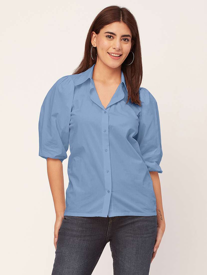 women solid collared puff sleeves shirt