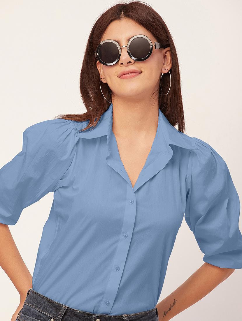 women solid collared puff sleeves shirt - 20726561 - Standard Image - 2