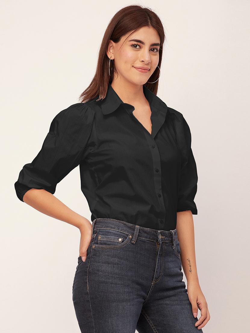 women solid collared puff sleeves shirt - 20726562 - Standard Image - 2