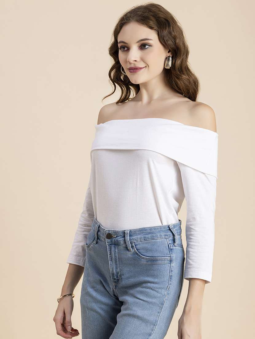 women solid off shoulder long sleeves top - 20726564 - Standard Image - 2